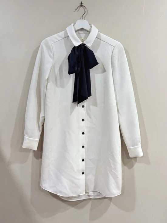 Kate Spade Griffin Shirt Dress Women 0 White Bow Tie Preppy Office Chic - Picture 2 of 12